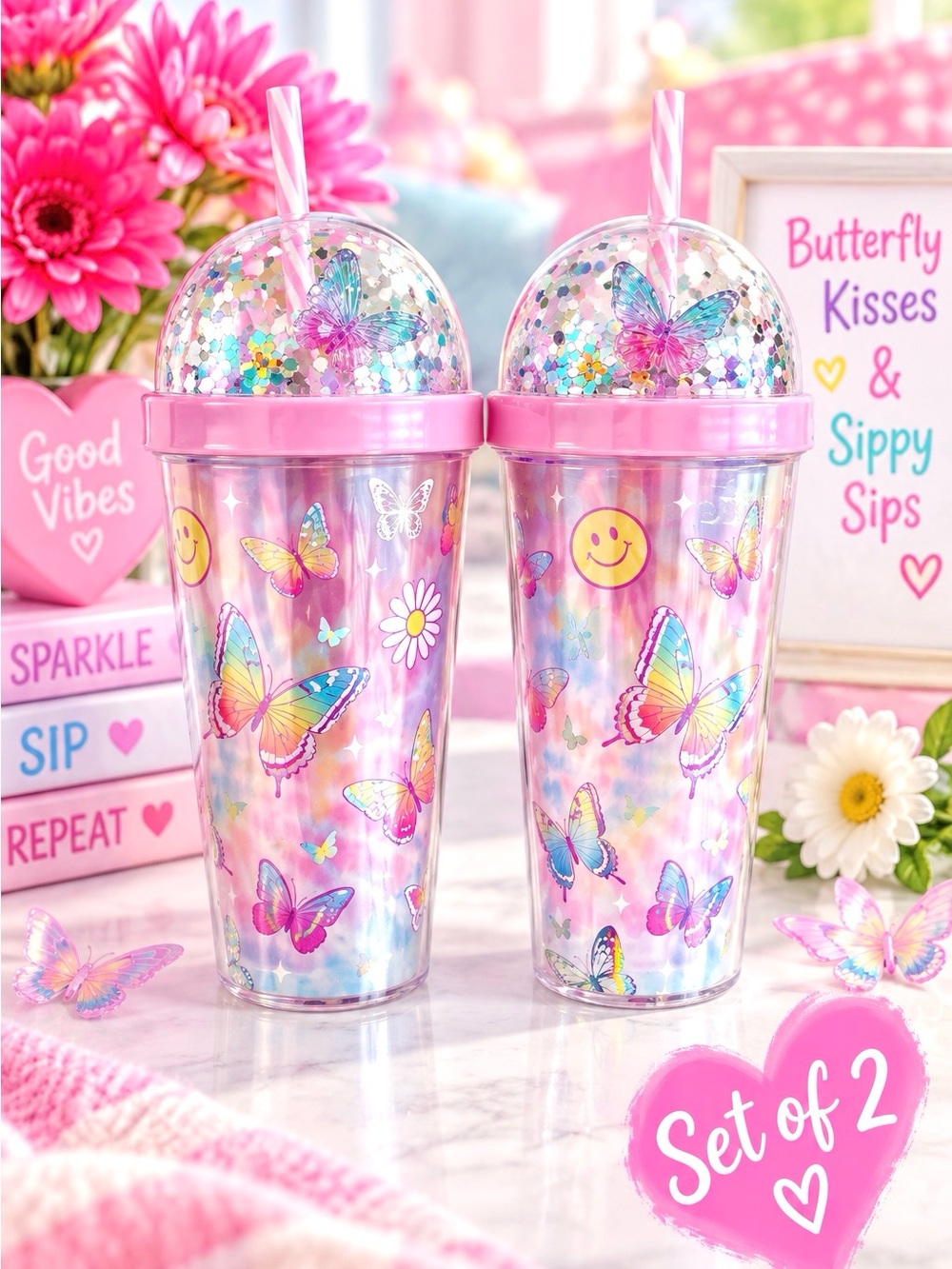 BUTTERFLY GLITTER TUMBLERS